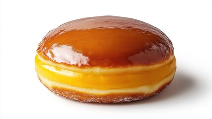Glazed Donut Filled with Creamy Yellow Custard on White Background
