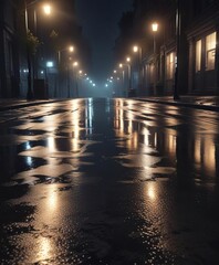 Quiet road with glowing streetlights and wet pavement, rainy evening, rainy season, street scene, damp ground, Evening light
