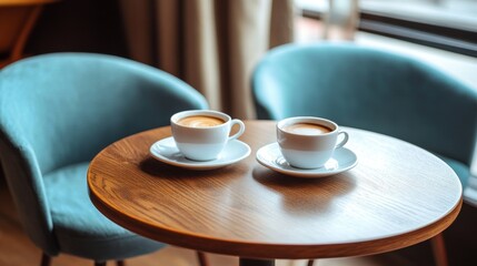 Cozy Coffee Shop Setting with Two Cups on Wooden Table