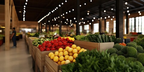 A lively market scene brimming with fresh produce, showcasing colorful fruits and vegetables in wooden crates, inviting a vibrant atmosphere of health and abundance.