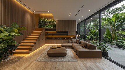 Modern living room with wooden staircase, indoor plants, and large windows overlooking a lush garden.