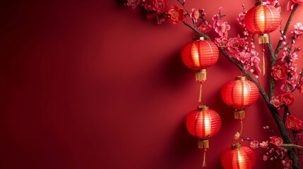 Festive red background for chinese new year 2025  year of the snake with lanterns and flowers
