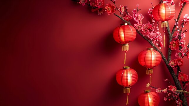 Festive red background for chinese new year 2025  year of the snake with lanterns and flowers
