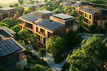 Housing complex with solar panel roofs atop a building, promoting eco-friendly architecture