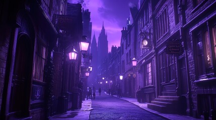 Mysterious Twilight Alley with Gothic Architecture and Lanterns