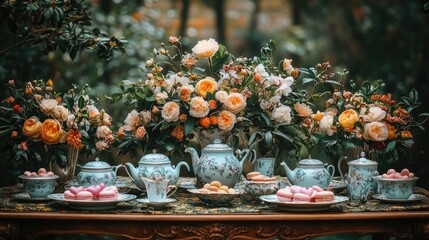 Elegant garden tea party with floral centerpiece and pastries.