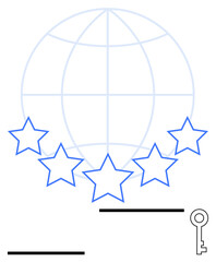 Five stars illustrate quality, a globe indicates global reach, and a key symbolizes unlocking success. Ideal for values, ratings, excellence, reviews, globalization, goals abstract line flat