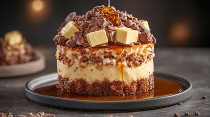 Delicious Chocolate Cake with Caramel and White Chocolate Toppings