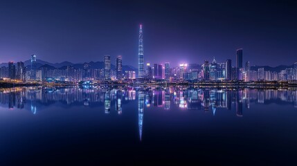Obraz premium Night cityscape skyline reflecting on calm water.