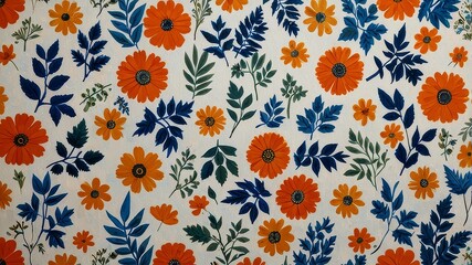 Fototapeta premium A white backdrop featuring orange and blue flowers and leaves.