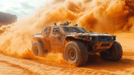 Obraz premium Desert vehicle speeding, sandstorm, powerful.