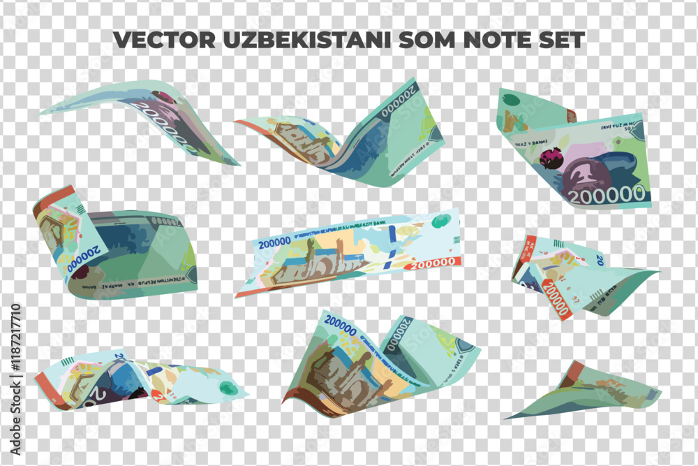 Aufkleber Vector illustration of set of Uzbekistani som notes flying in different angles and orientations. Currency note design in Scalable eps format