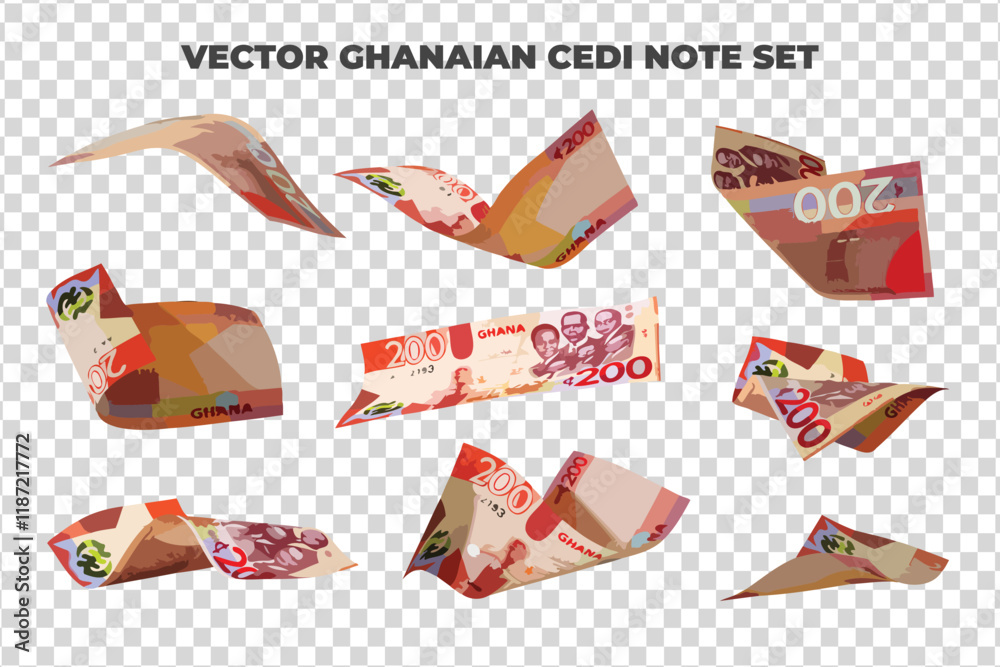 Aufkleber Vector illustration of set of Ghanaian cedi notes flying in different angles and orientations. Currency note design in Scalable eps format