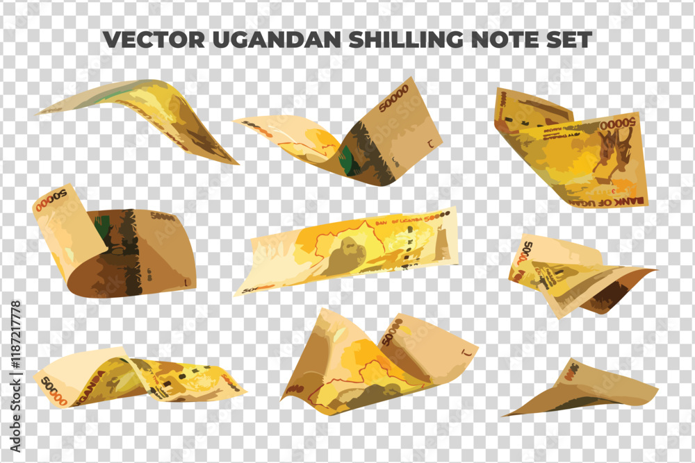 Poster vector illustration of set of ugandan shilling notes flying in different angles and orientations. cu