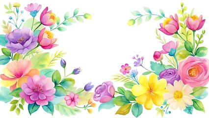 Vibrant Watercolor Floral Border with Colorful Spring Blossoms in Pink, Yellow, Purple, and Green for Invitations and Art Projects 
