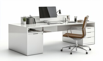 Fototapeta premium Modern white office desk with computer and chair