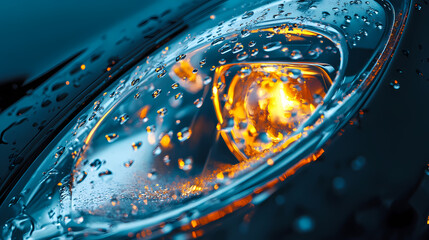 Close-up of wet car headlight with water droplets. Meadowlight. Illustration