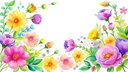 Vibrant Watercolor Floral Border with Colorful Spring Blossoms in Pink, Yellow, Purple, and Green for Invitations and Art Projects 