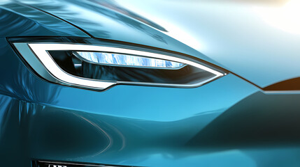 Closeup on the headlight of a generic and unbranded electric car. Meadowlight. Illustration