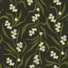 Wallpaper with a dark floral pattern. Rich pattern with curly flowers and leaves.