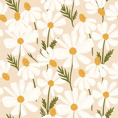 endless chamomile pattern. cute hand-drawn botanical print in beige tones.