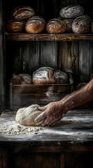 Obraz premium Master Baker Skillfully Kneading Fresh Bread Dough