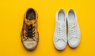 Old dirty sneakers styled with retro elements and new white sneakers