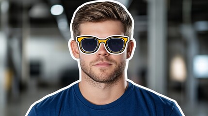 A young man with digitally added sunglasses.  He has a serious expression.