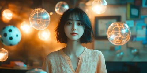 Naklejka premium Futuristic Korean Football Analysis with Floating Diagrams in Cinematic Light