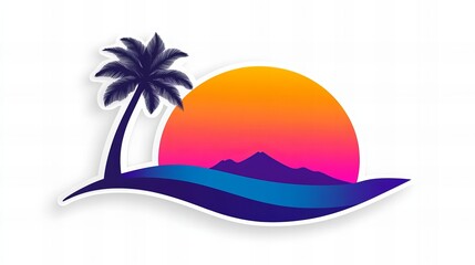 Obraz premium Vibrant sunset over a tropical beach scene with a palm tree. Perfect for summer vacation themes.