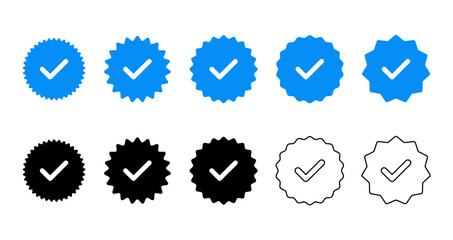 Set of check mark icons. Profile verification icon. Checkmark Facebook, Instagram, Tiktok and Twitter. Vector. Isolated on PNG, transparent