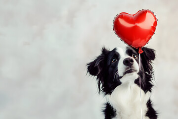 Fototapeta premium Border collie holding red heart, dog, animal, pet, Valentines, love, cute, present.