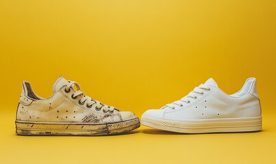Side by Side, Old dirty sneakers next to new white sneakers on a bright yellow background