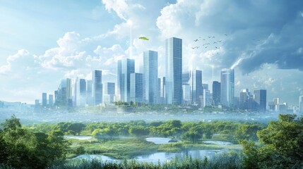 Fototapeta premium Futuristic cityscape merges nature with towering skyscrapers und