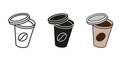 Coffee cup icon. Hot drink paper cup with plastic lid coffee bean vector illustration. Hot beverage disposable cup symbol. Espresso sign. Cappuccino, americano or latte pictogram. Take away coffee.