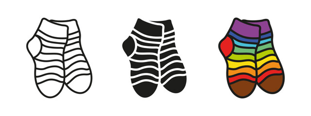 Stripped socks icon. Pair of colorful rainbow socks vector illustration. Warm clothes symbol. Woolen knitted stocking sign. Feet clothing colored sock pictogram. Cute kids knitwear concept isolated.