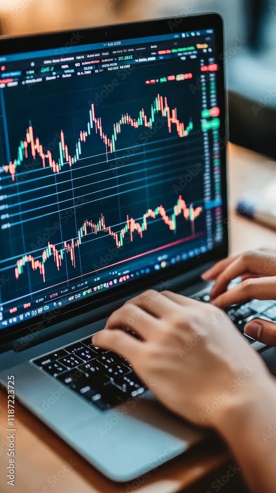 Poster Stockbroker is analyzing bitcoin cryptocurrency investment using laptop while working from home showing line graphs going up and down on screen