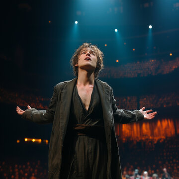 a young man, a dramatic actor, plays a play on the theater stage, in the spotlight