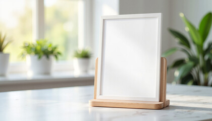 Vertical Poster Display, Blank picture frame on wooden stand with green plants in background