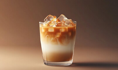 Iced Latte in Glass Cup on Brown Background