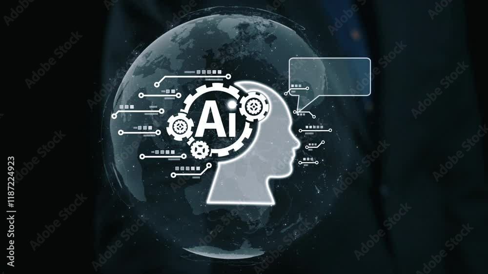 Poster human interact with ai artificial intelligence brain processor in concept of ai artificial intellige