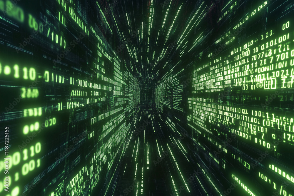 Poster computer generated image of a green tunnel with a series of numbers and letters. concept of technolo