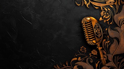 Vintage gold microphone on dark background with ornate floral design.
