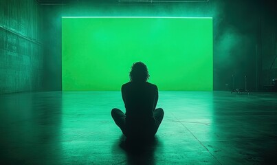 Obraz premium Silhouette seated before large green screen.