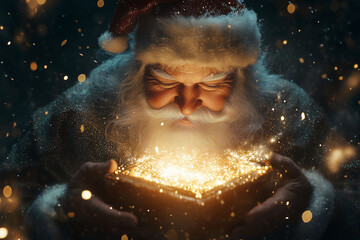 man in a Santa hat holding a box with a glowing light inside. Concept of wonder and magic, as if the man is holding a treasure or a secret. The glowing light adds to the mystical atmosphere