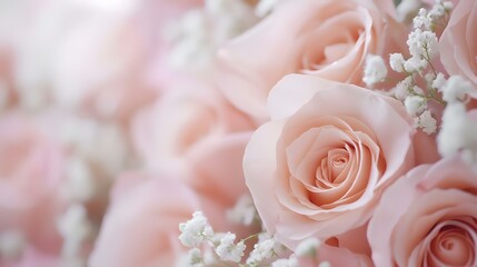 Close-up Peach Roses Bouquet, Wedding Decoration, Soft Focus Background, Romantic Event