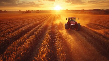 Fototapeta premium Tractor harvesting wheat field at sunset.
