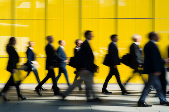 group of people walking down a yellow street. The people are dressed in business attire and carrying briefcases. The scene is blurry, giving the impression of a busy city street