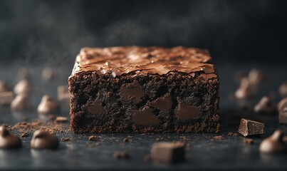 Hot fudge brownie, steam rising, dark background, food close-up, delicious dessert
