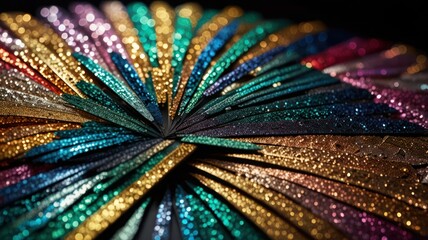 Dynamic Fan CloseUp of Sparkling Eyeshadows Bold Glosses Arranged a Flowing Fan Pattern on a Reflective Surface with Dramatic Lighting